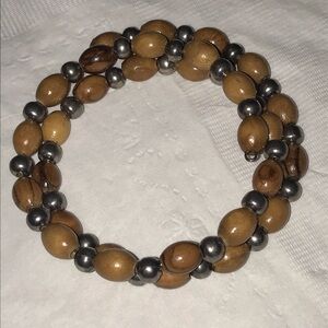 Elegant Olive Wooden and Silver Beaded Bracelet